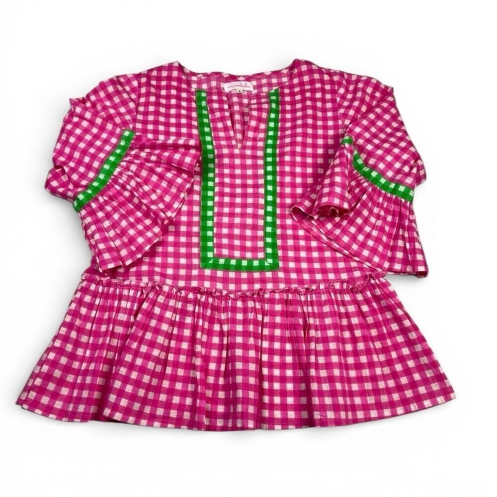 Mary Marshmallow Gingham Plaid Ruffled Blouse Preppy 3/4 Sleeve Preppy Top S